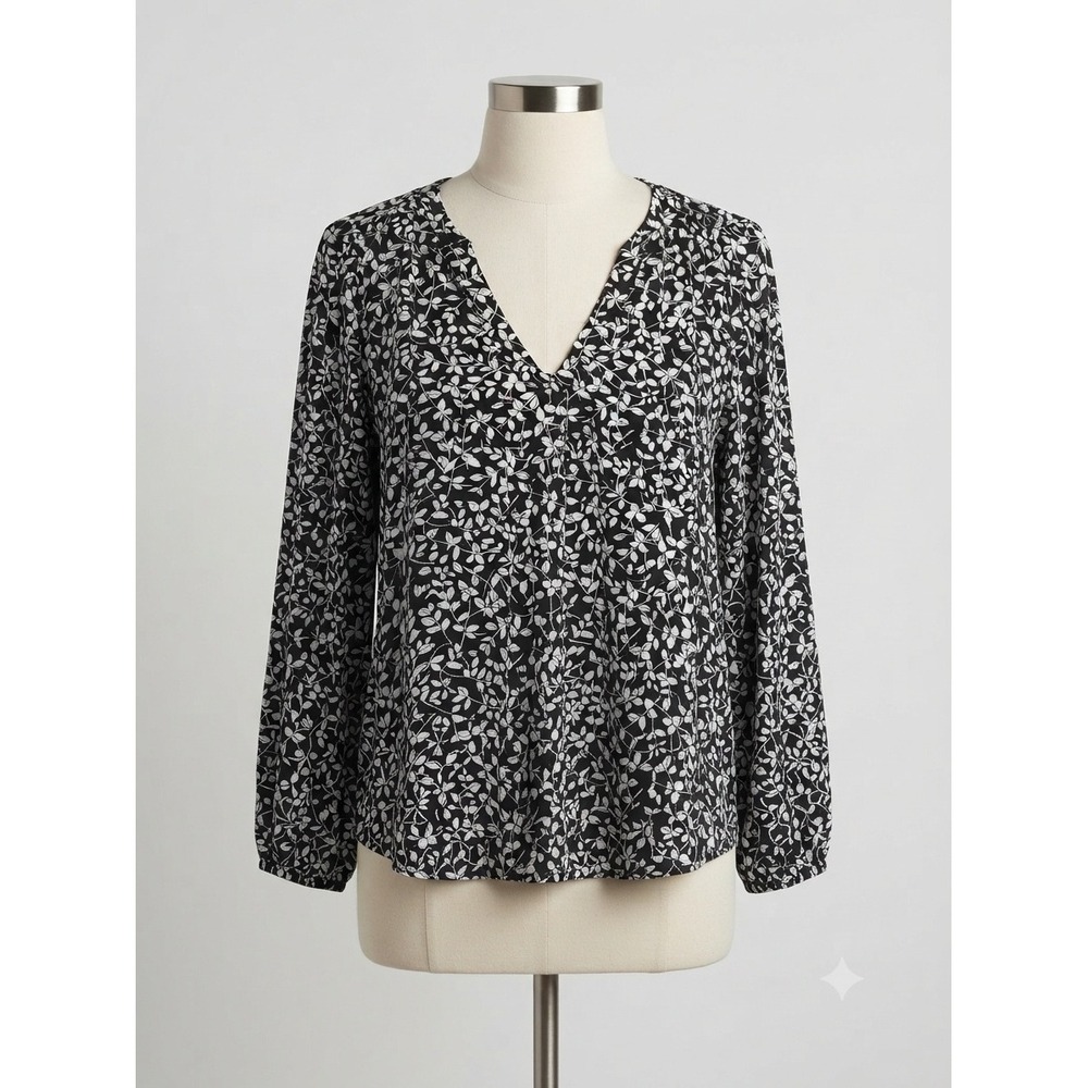 Two by Vince Camuto Black White Leaf Print V-Neck Blouse Long Sleeve Medium